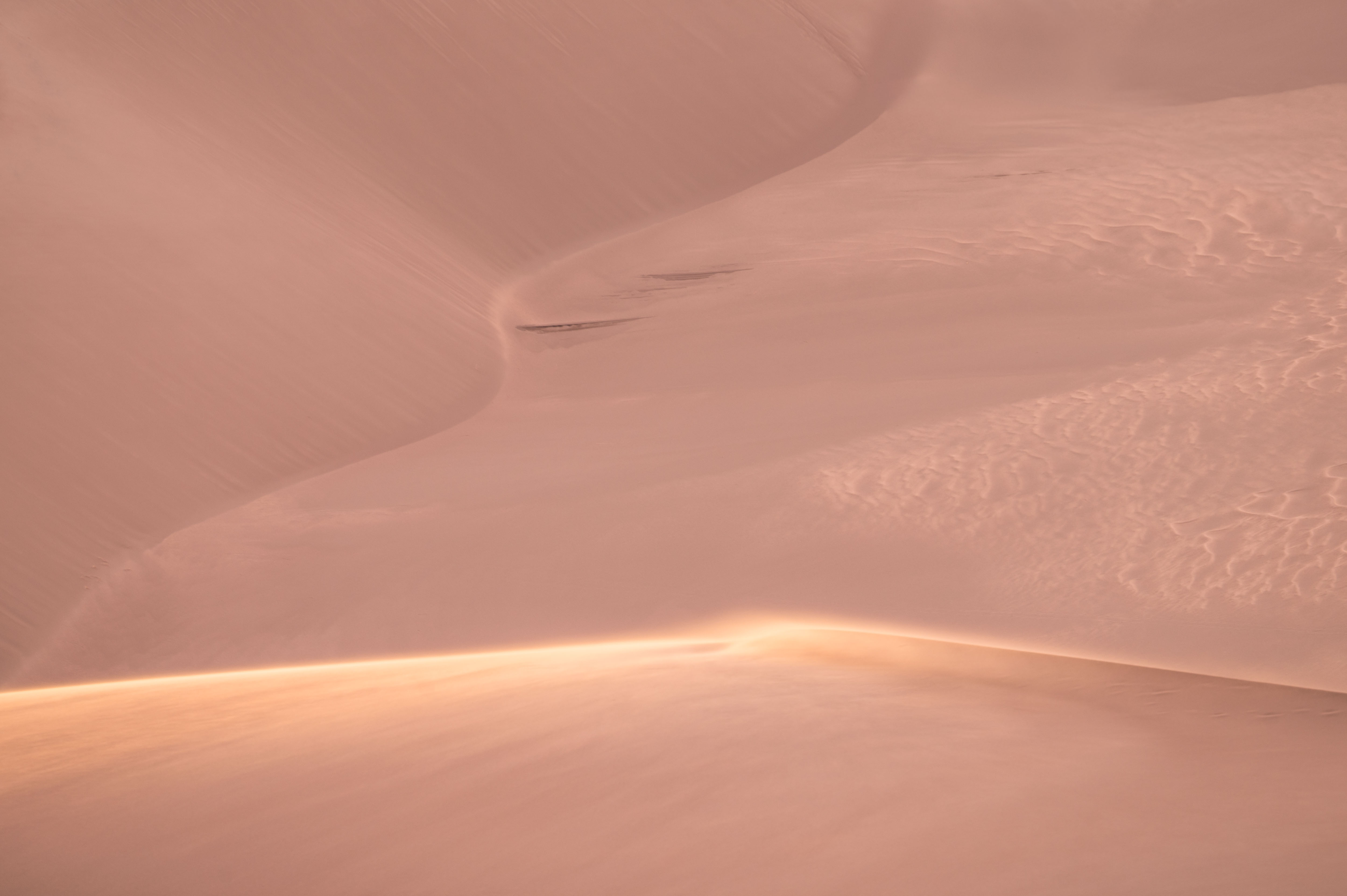 Wind-shaped sand dunes in soft pink and warm light